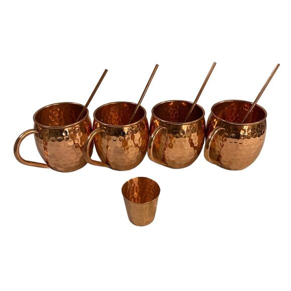 Moscow Mule Hammered Copper 18oz Set of 4 With Copper Straws & Shooter Glass - Picture 1 of 1